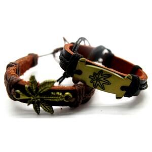 Lot of 2 Marijuana Leaf Bracelets Brown & Black Leather Cannabis Mary Jane Weed
